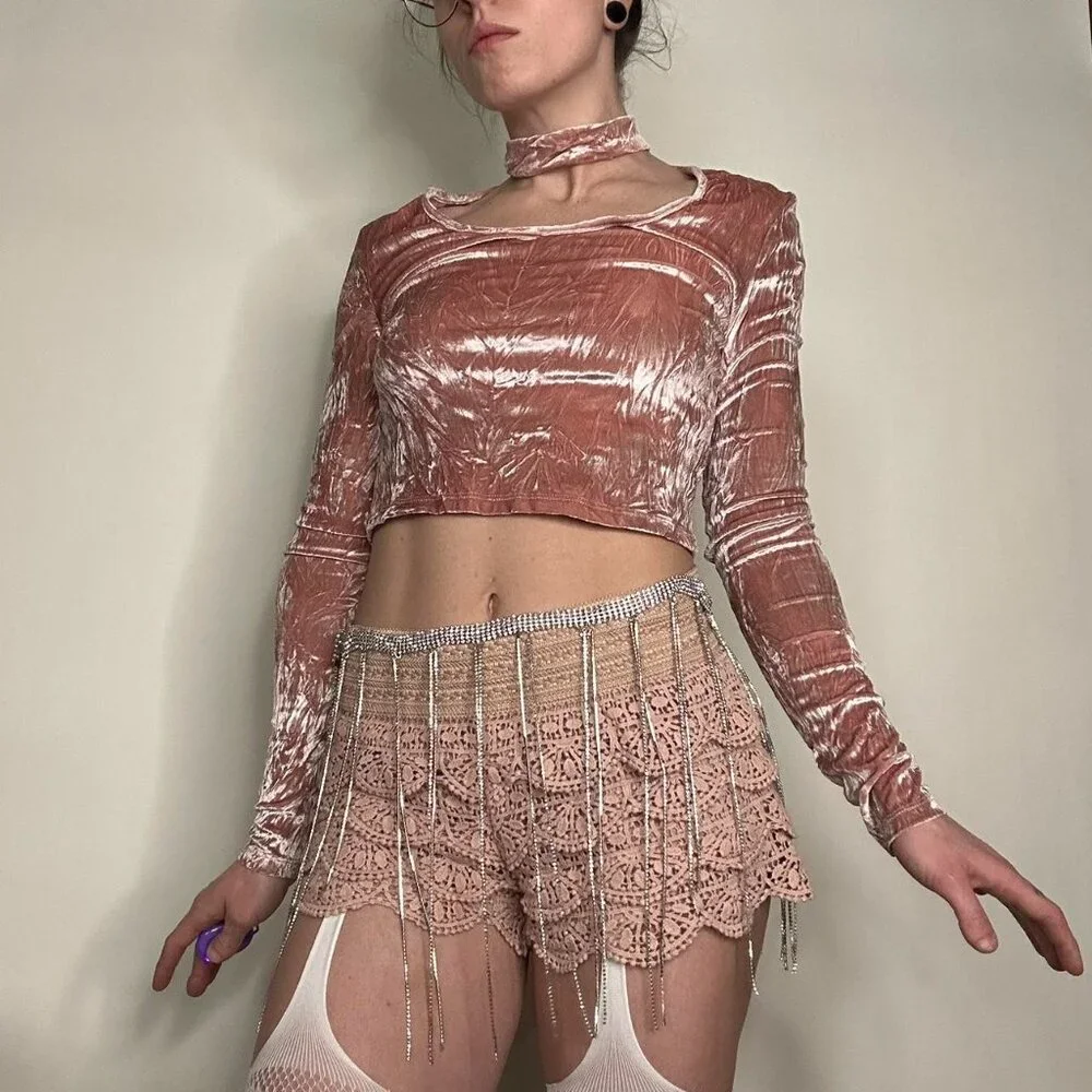 Pink Crushed Velvet Choker Top